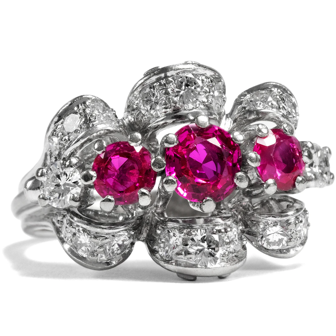 Unusual Vintage Ruby & Diamond Ring Made of White Gold, c. 1955