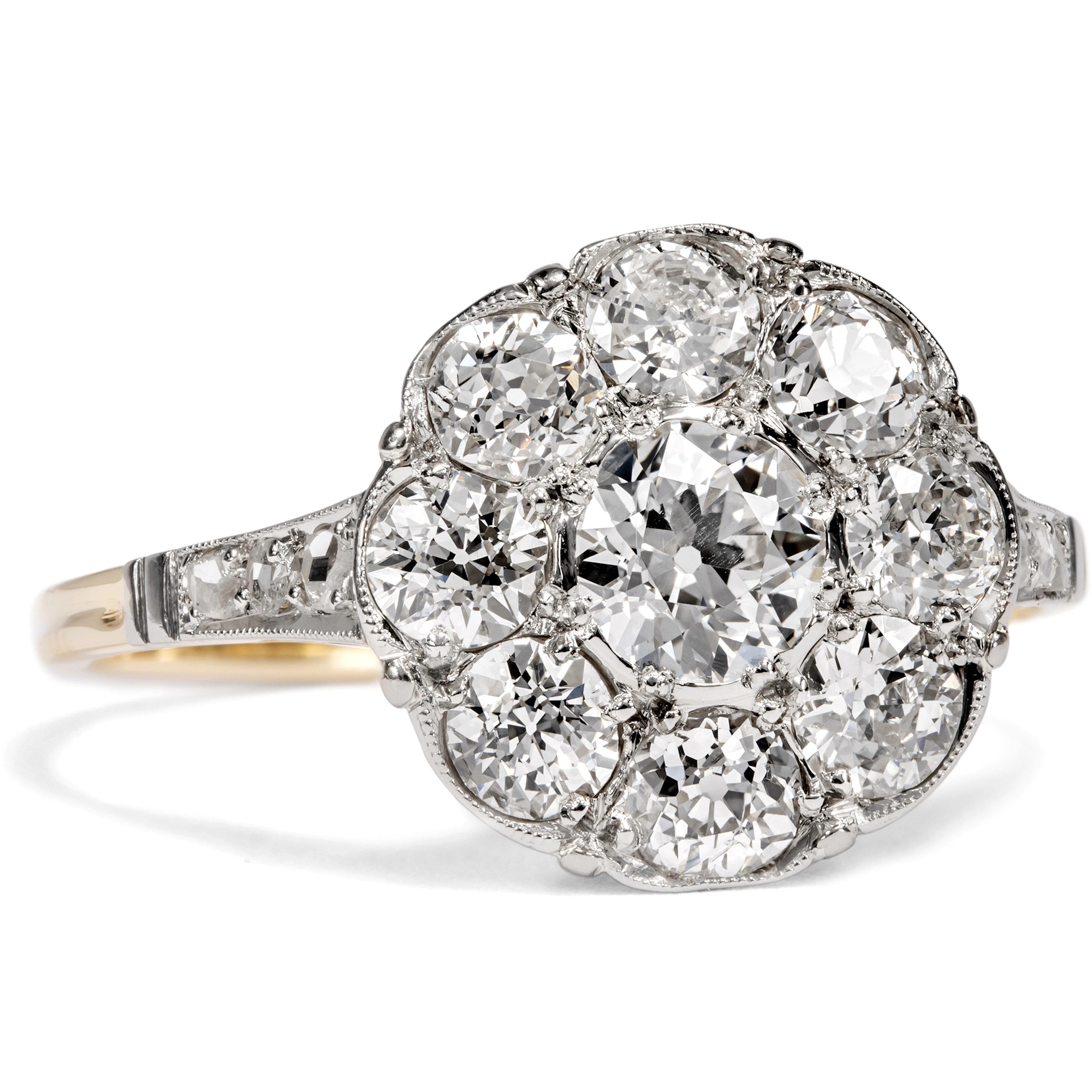 Antique Flower Ring with Diamonds in Gold & Platinum, c. 1910