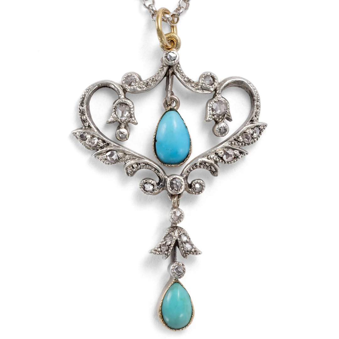Delicate Pendant with Turquoises & Diamonds, England, c. 1910