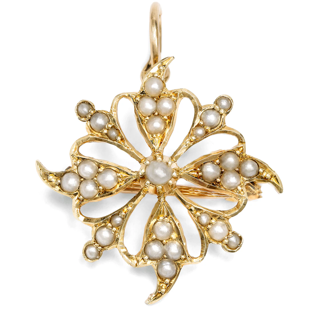 Antique Pendant-Brooch with Seed Pearls in Gold, British, c. 1900