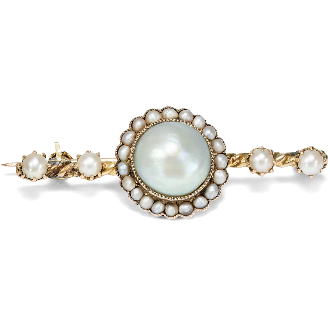 Antique Gold Bar Brooch with Pearls, c. 1910