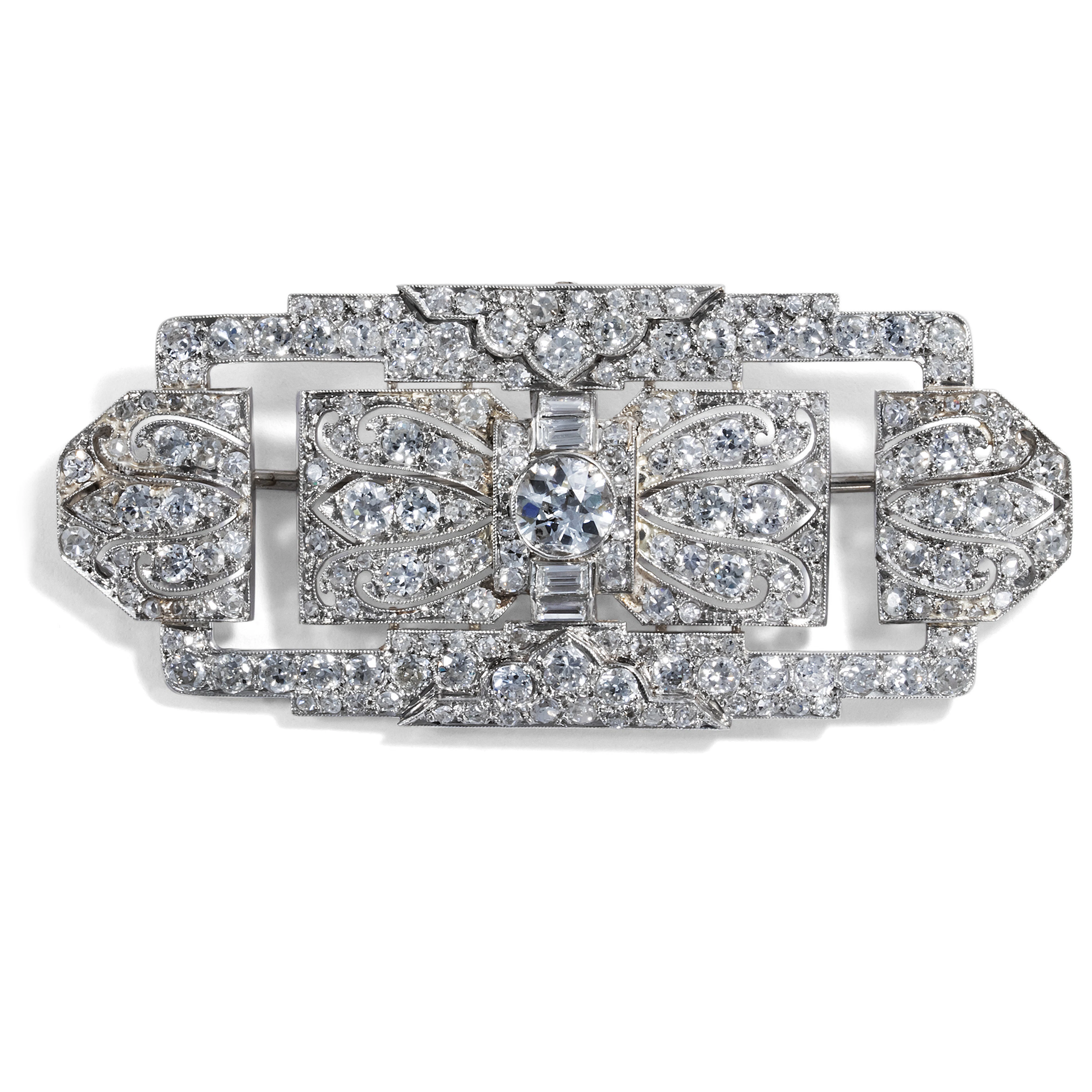 Déco Dreams • Atemberaubende Brosche mit Diamanten in Platin, um 1930