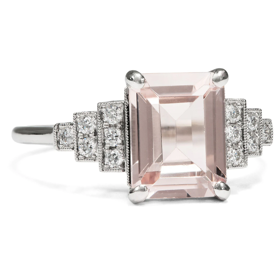 Elegant Ring with Morganite and Diamonds in Platinum, Handcrafted