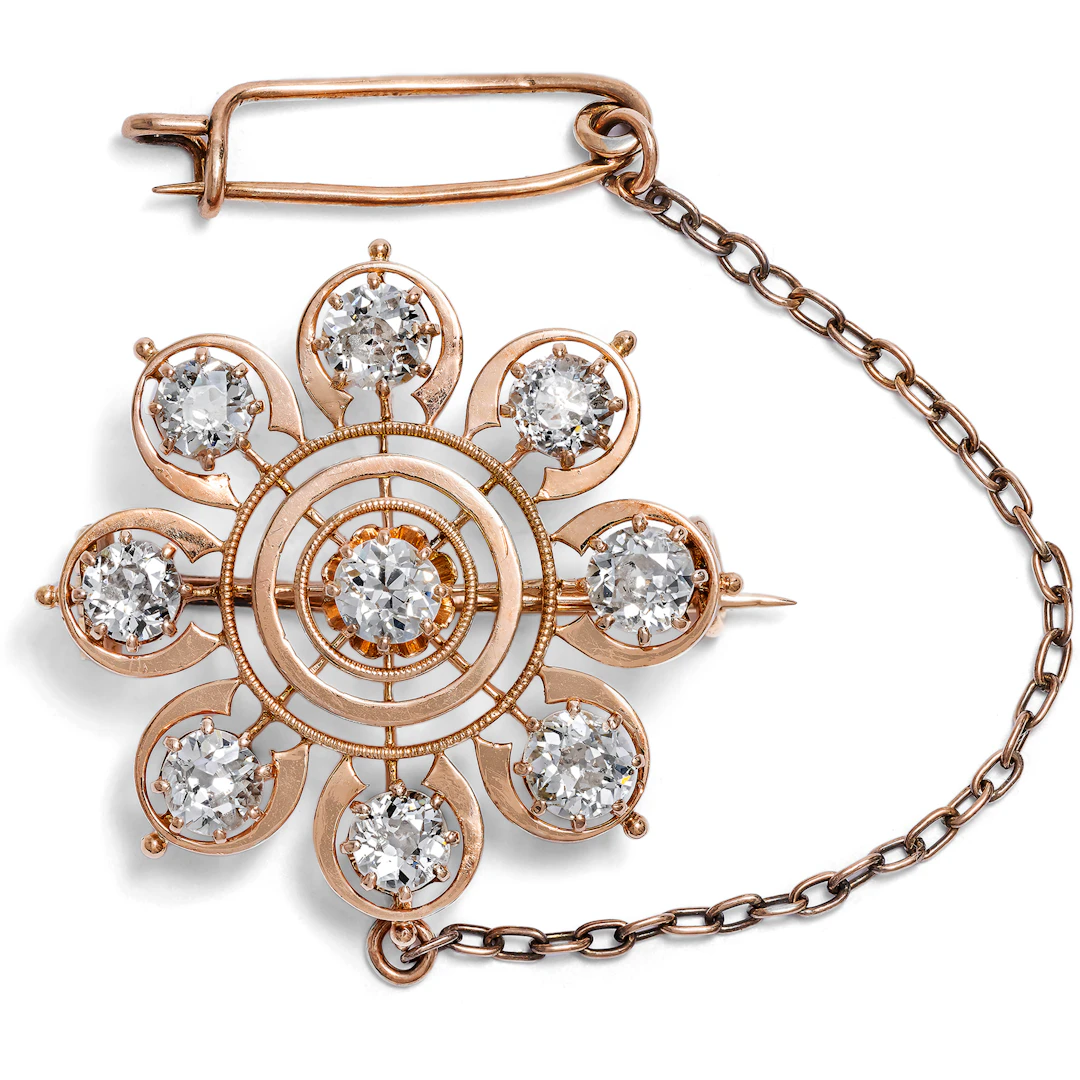 Antique Brooch in Pink Gold with 2.18 ct Old European Cut Diamonds, c. 1880
