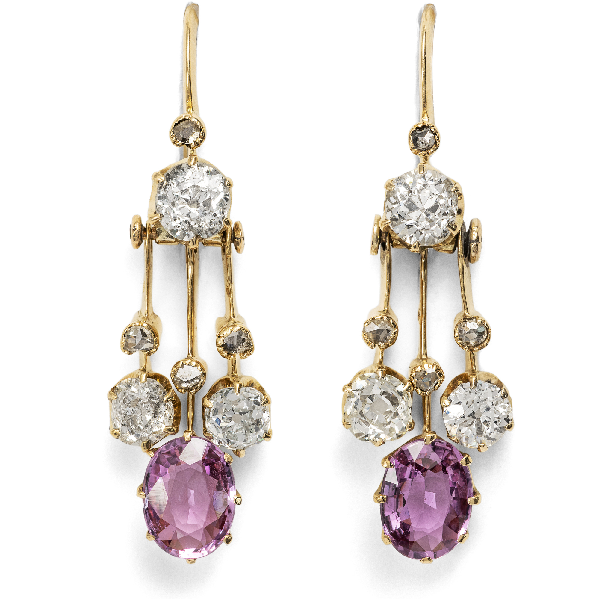 Antique Earrings With Diamonds & Pink Sapphires, Moscow C. 1900 & Later