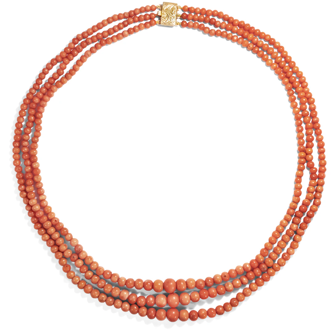 Antique Three Strand Precious Coral Necklace With Modern Clasp, c. 1900
