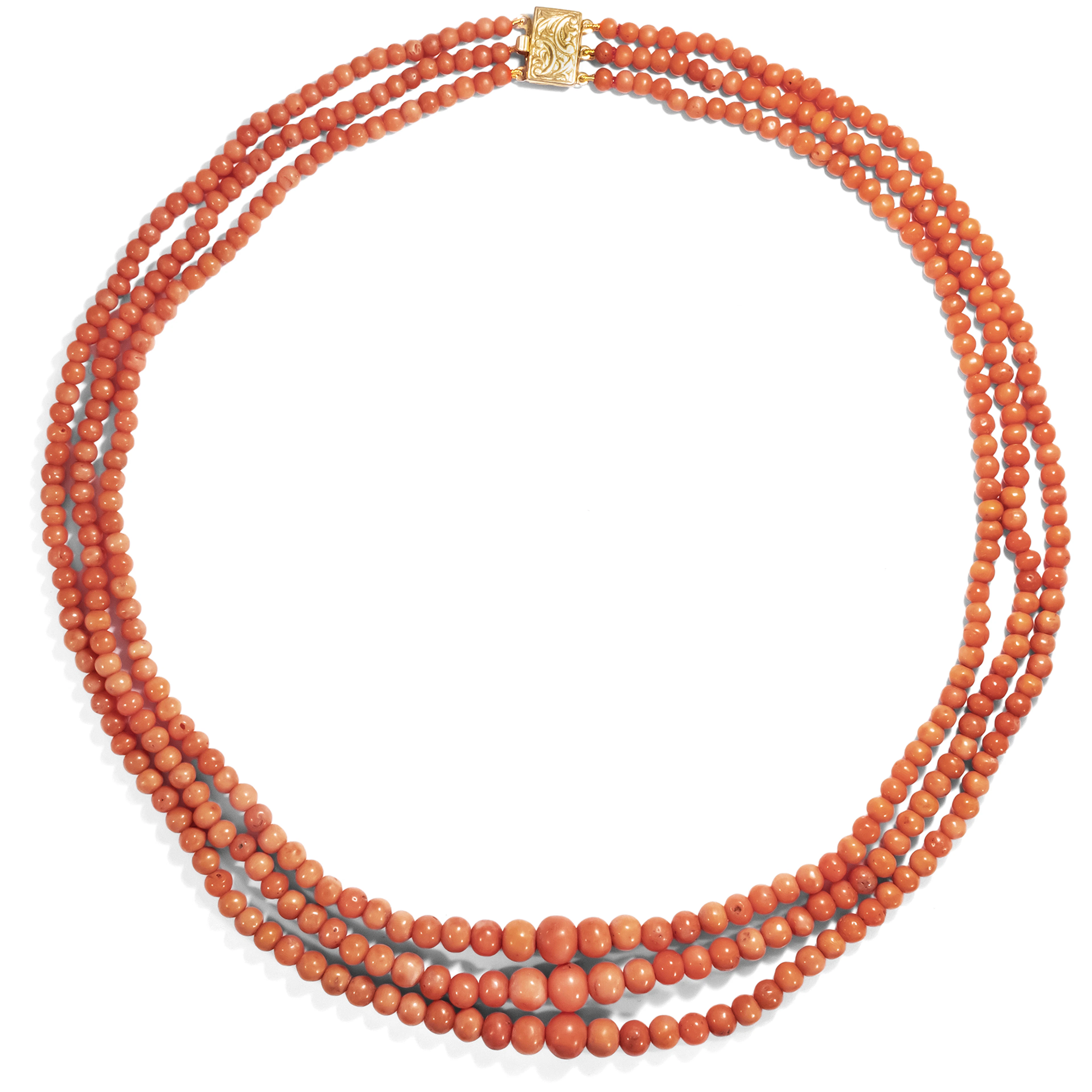 Antique Three Strand Precious Coral Necklace With Modern Clasp, c. 1900