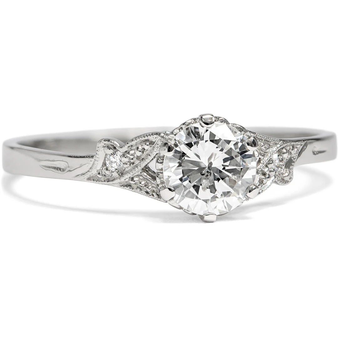 Delicate Ring with Vintage Brilliant-Cut Diamond (0.64 ct, H) in Platinum