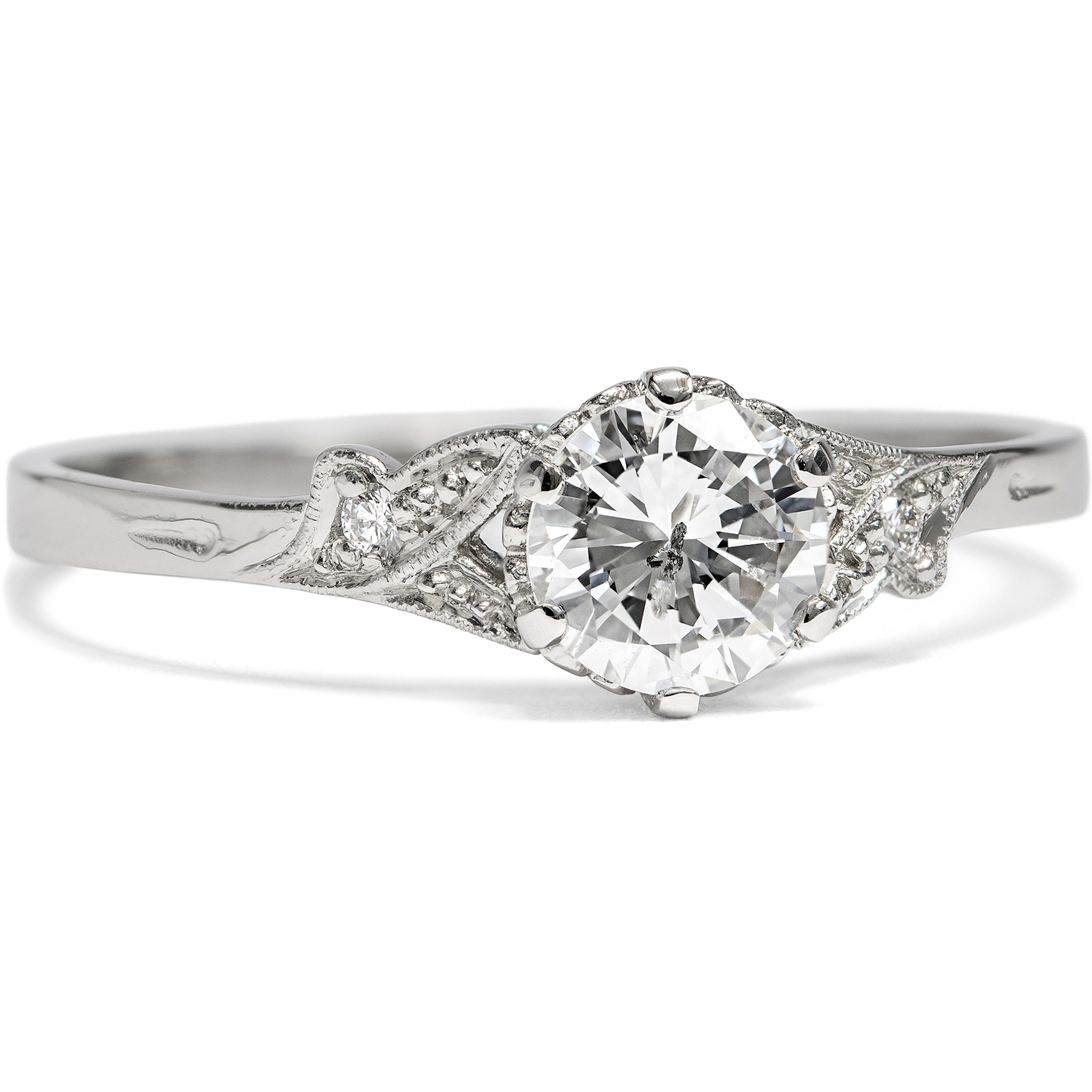 Delicate Ring with Vintage Brilliant-Cut Diamond (0.64 ct, H) in Platinum