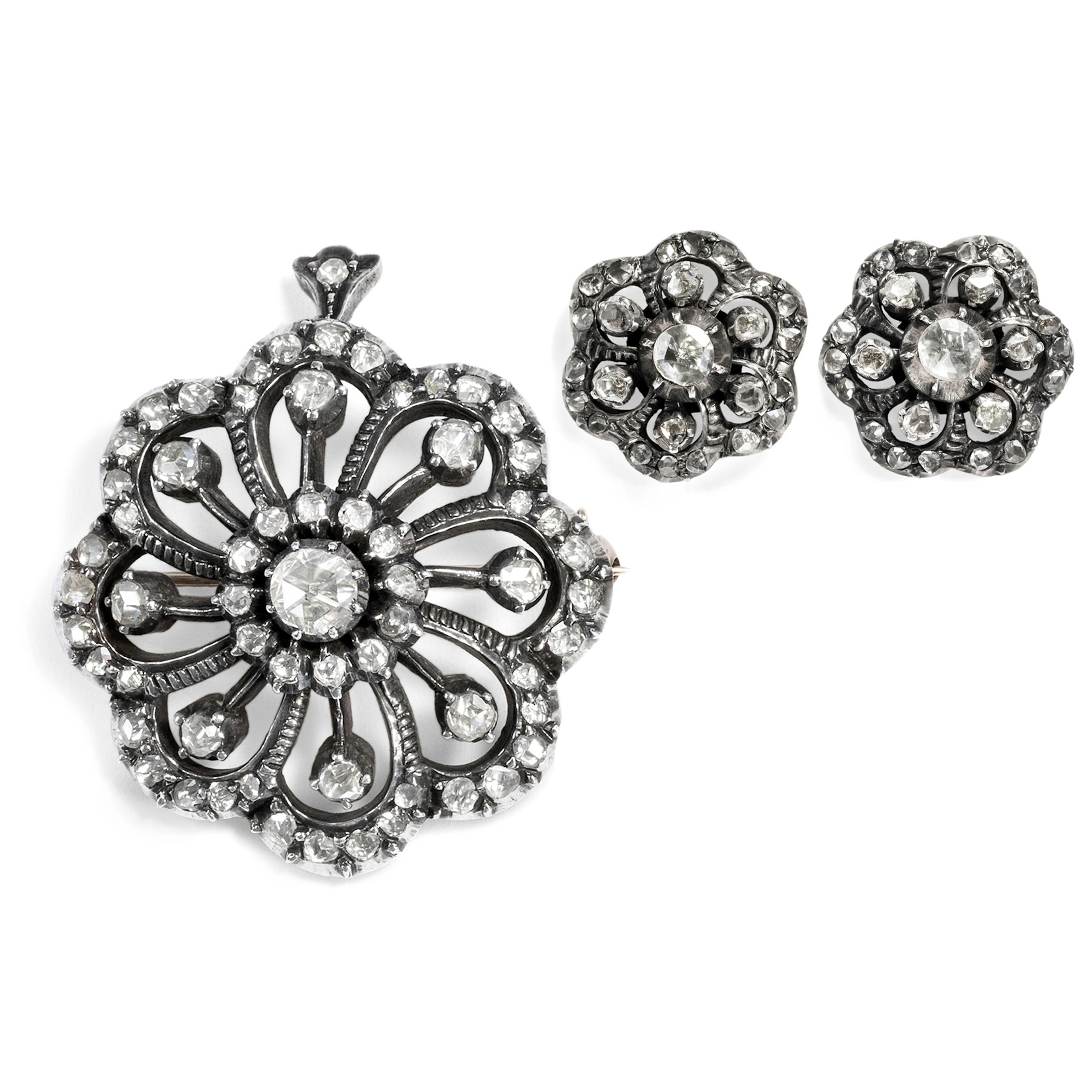 Vintage Demi-Parure With Rose Cut Diamonds in Silver, Netherlands c. 1955
