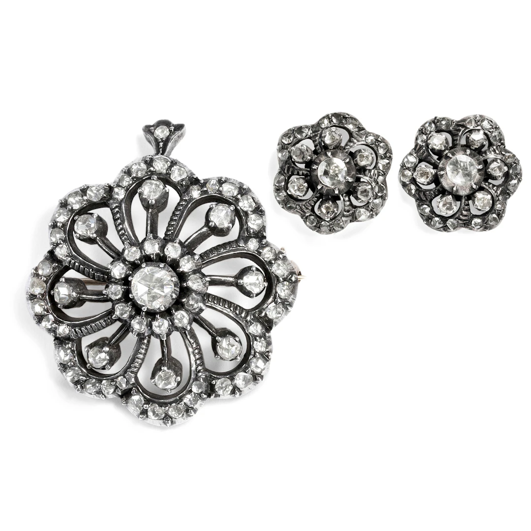 Vintage Demi-Parure With Rose Cut Diamonds in Silver, Netherlands c. 1955