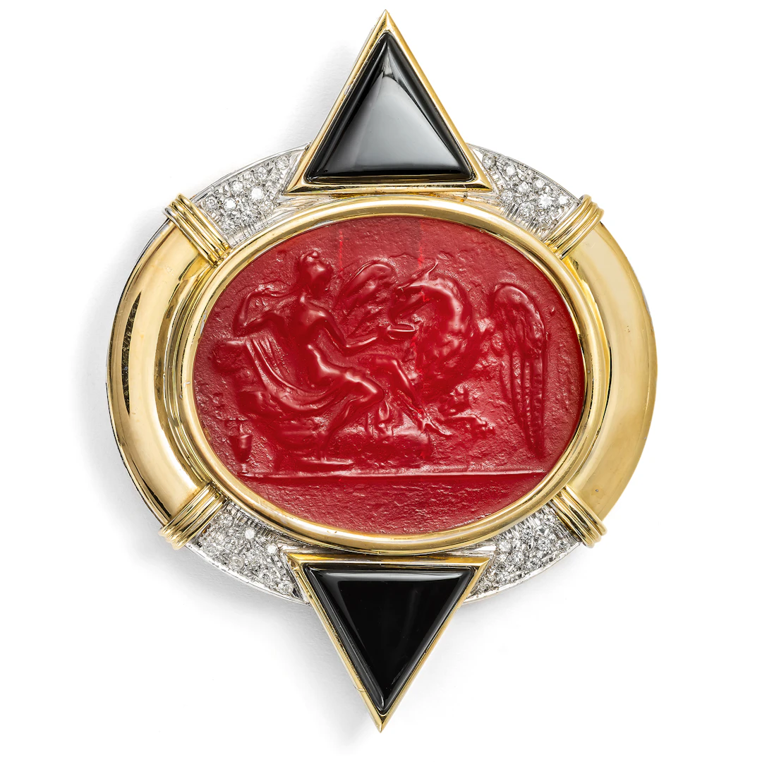 Fantastic Postmodern Gold Brooch with a Glass Cameo & Diamonds, c. 1985