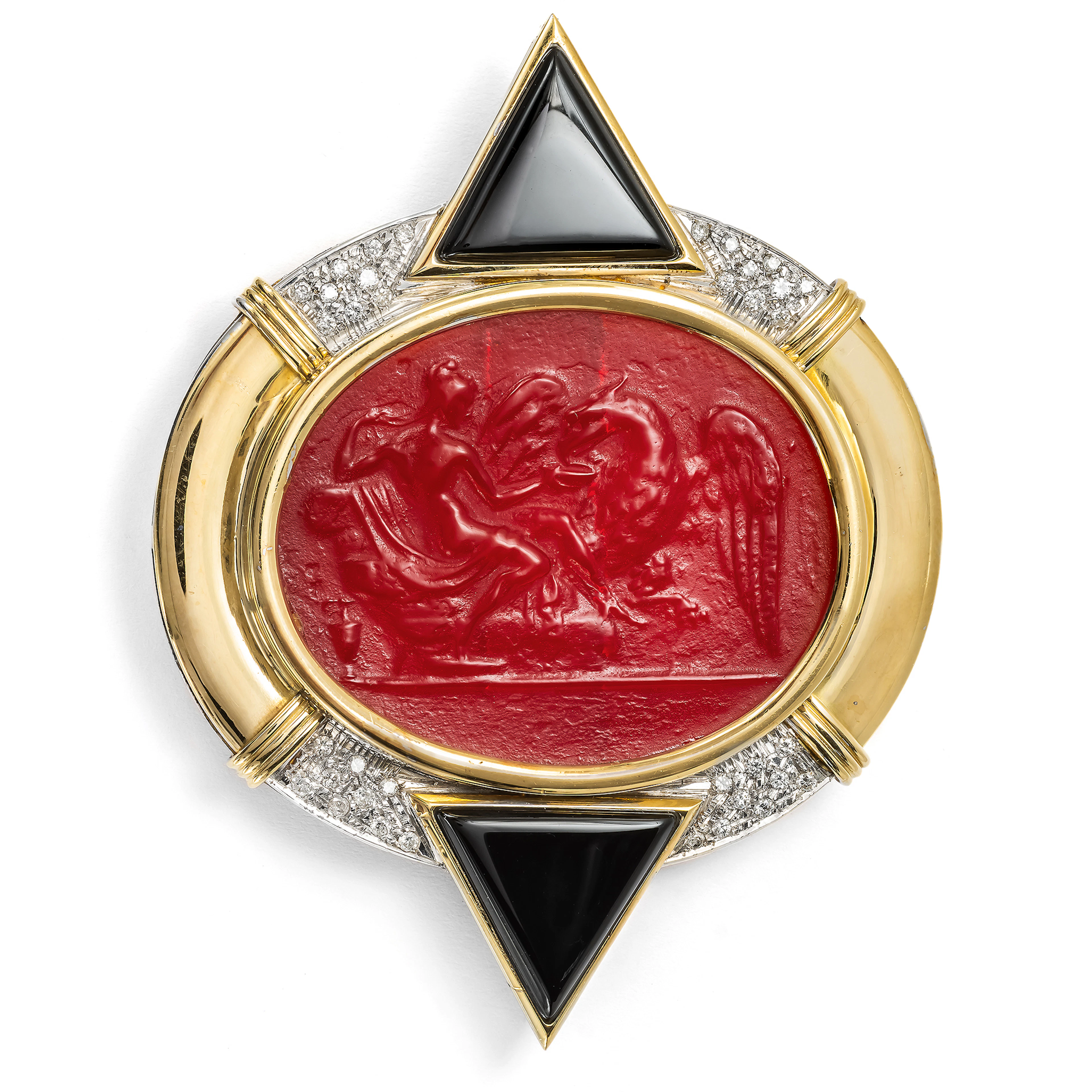 Fantastic Postmodern Gold Brooch with a Glass Cameo & Diamonds, c. 1985