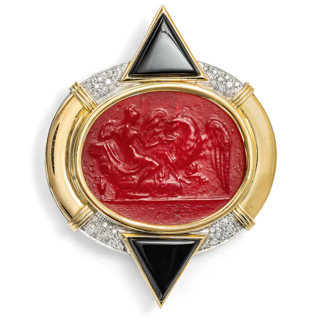Fantastic Postmodern Gold Brooch with a Glass Cameo & Diamonds, c. 1985