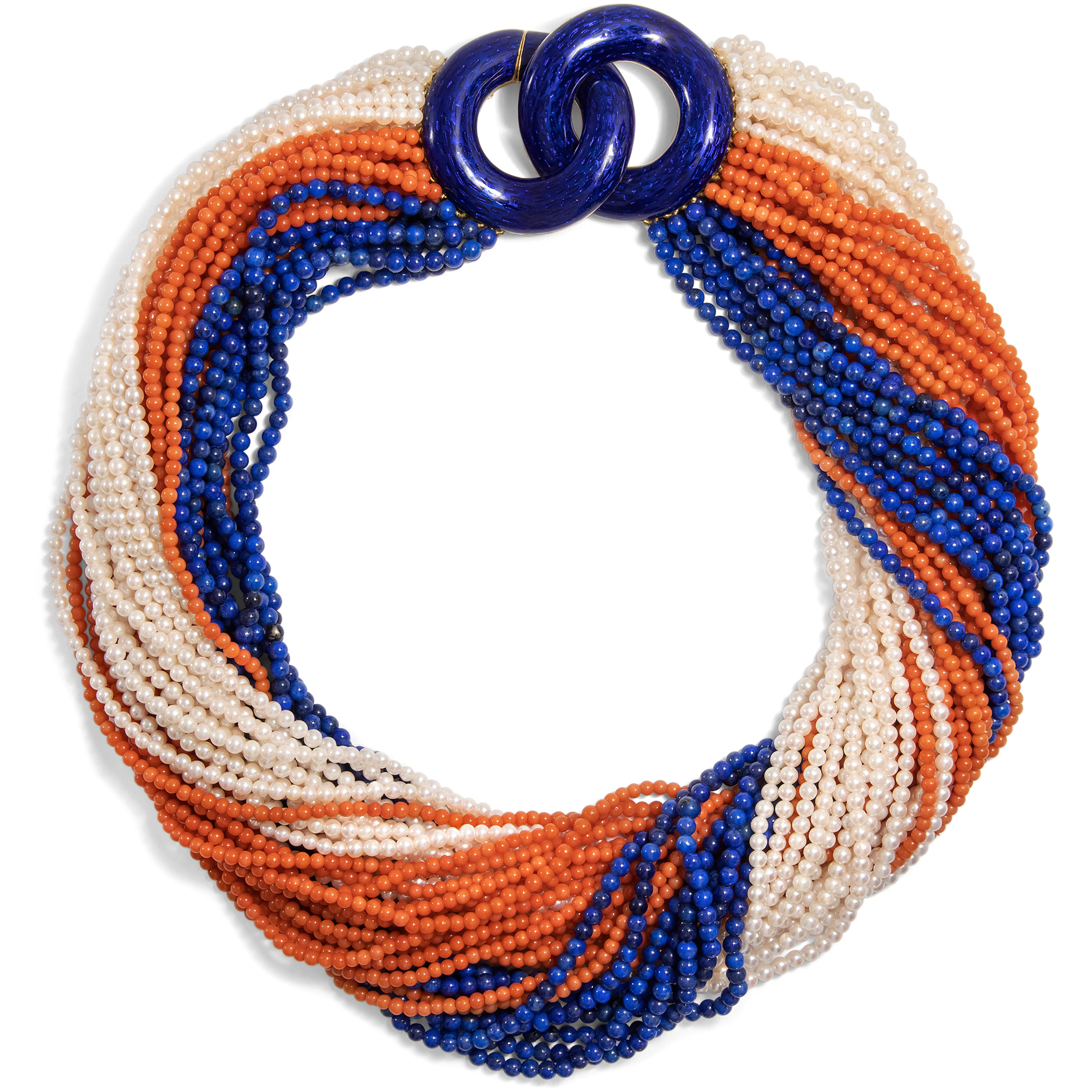 Tricolore • Eindrucksvolle Torsade aus Koralle, Lapislazuli & Akoyaperlen