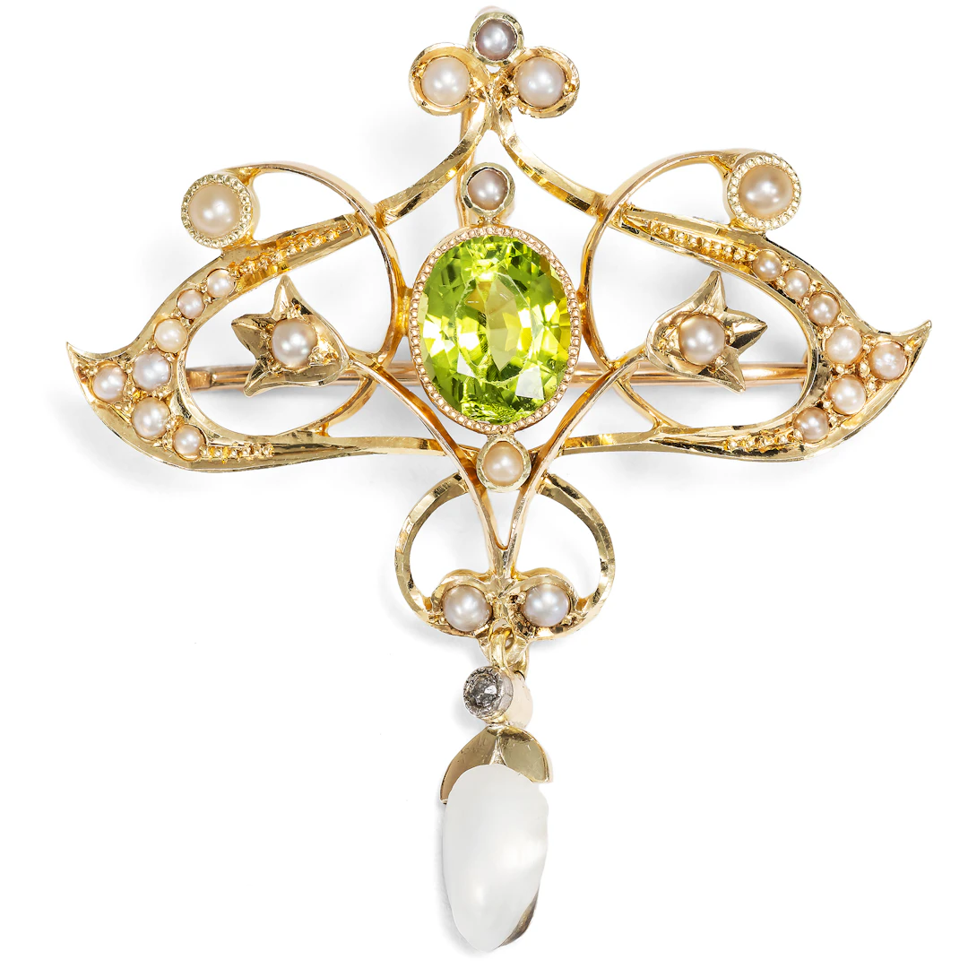 Antique Pendant-Brooch with Peridot and Pearls in Gold, British, c. 1900