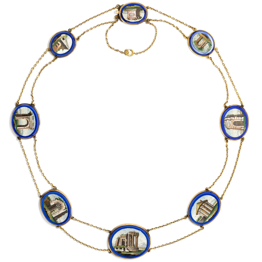 Exceptional necklace with eight micromosaics in gold, Rome circa 1835