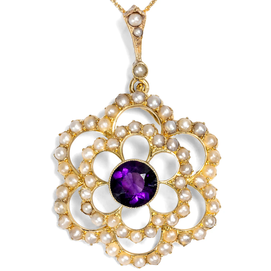 Antique Edwardian Amethyst and Pearl Pendant, British, c. 1905