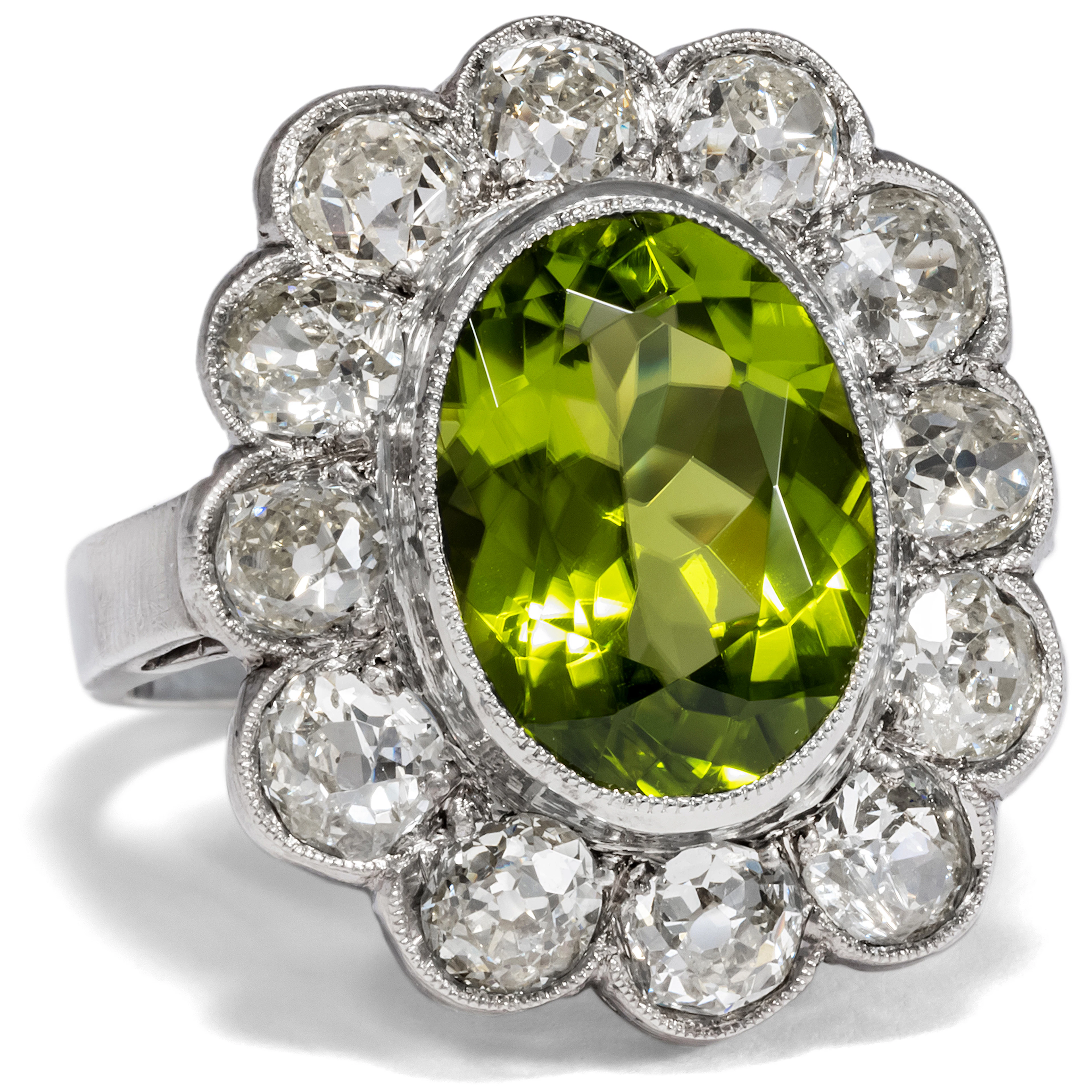 Large Antique Ring with Peridot & Diamonds Set in Silver, ca. 1900