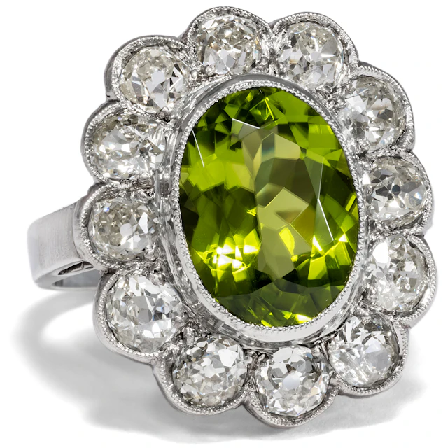 Large Antique Ring with Peridot & Diamonds Set in Silver, ca. 1900
