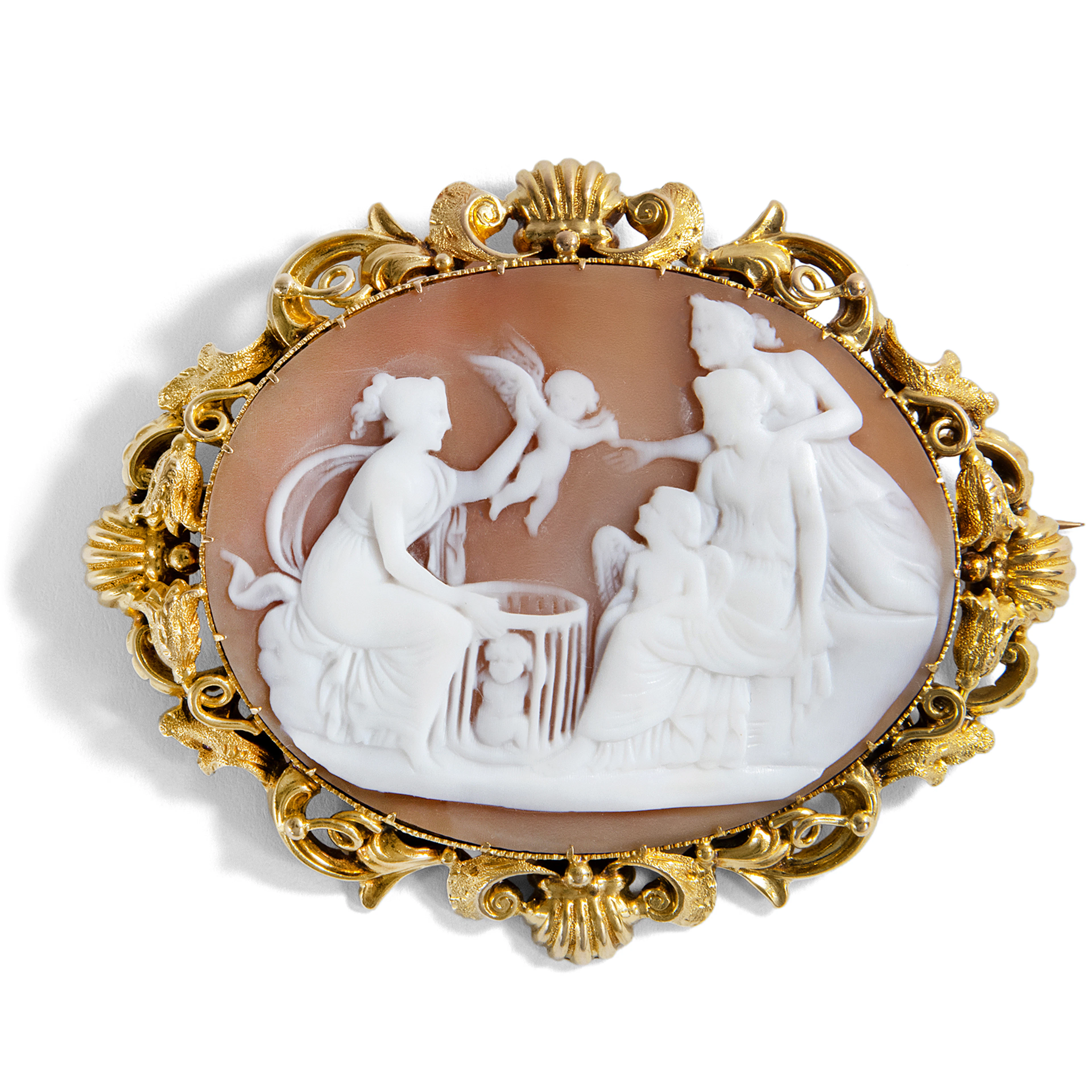 Antique Cameo Gold Brooch With the So-Called "Cupid Dealer", c. 1845