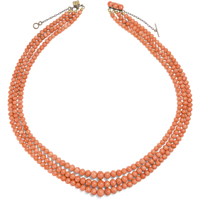 Antique Necklace Made of Three Rows of Mediterranean Coral, Italy c. 1900
