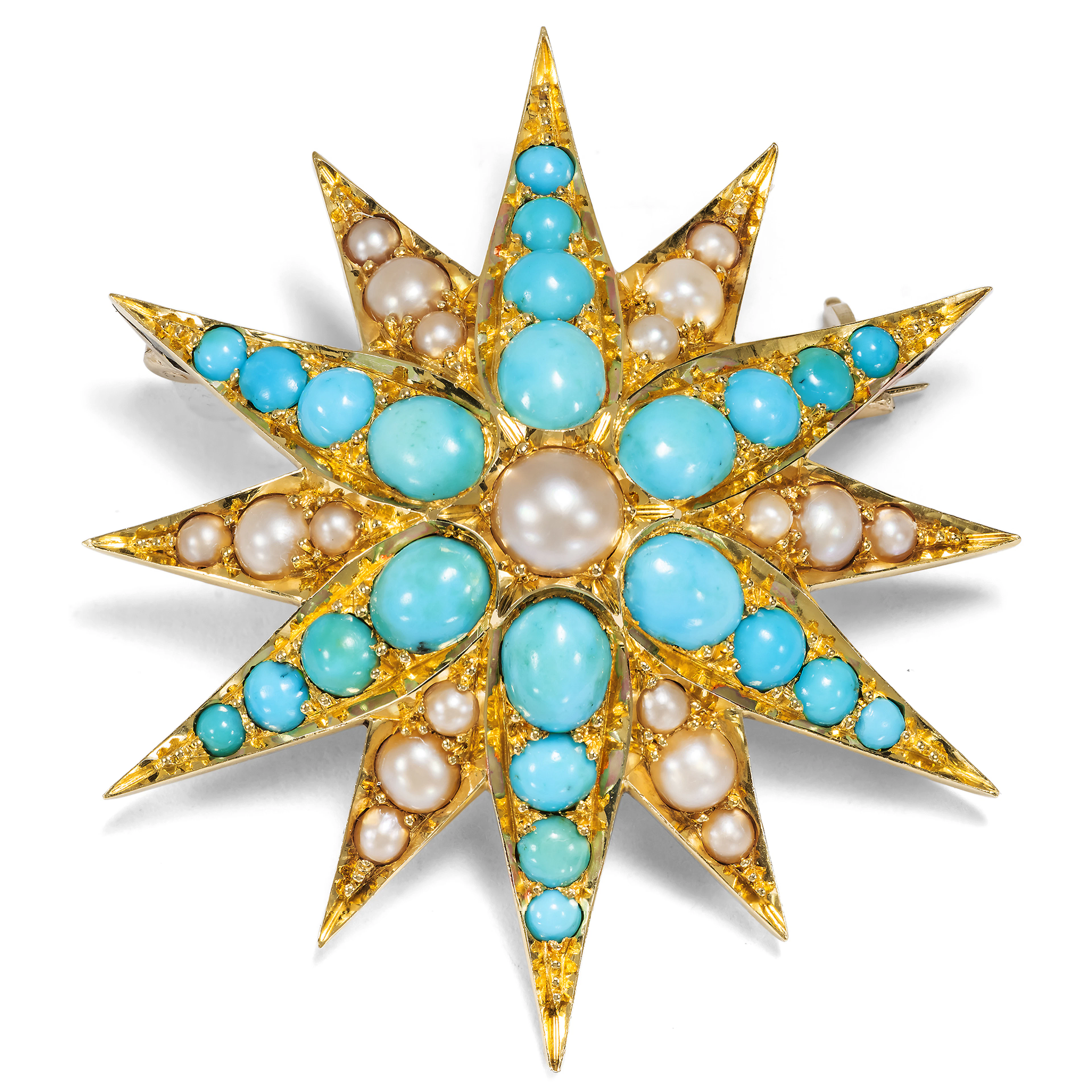 Fabulous Antique Star Brooch Made of Turquoise, Pearls & Gold, Circa 1895