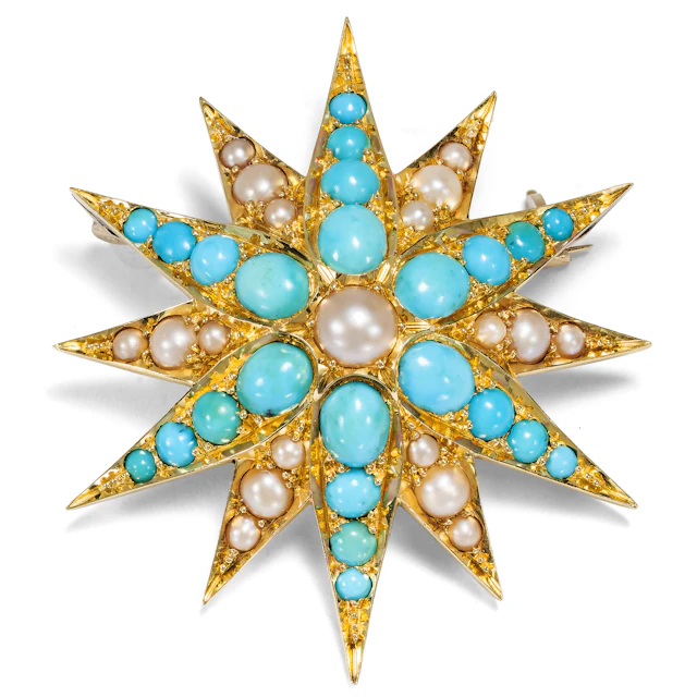 Fabulous Antique Star Brooch Made of Turquoise, Pearls & Gold, Circa 1895