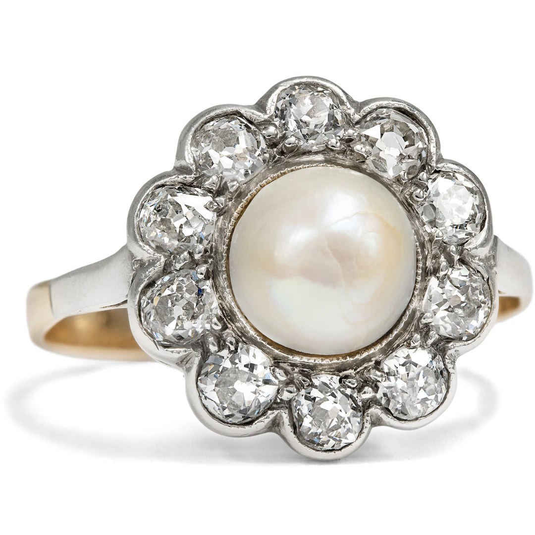 Antique Ring with Natural Pearl & Diamonds in Silver & Gold, c. 1910