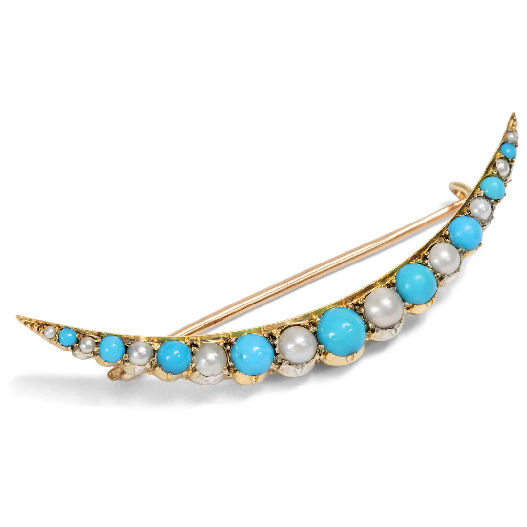 Antique Crescent Moon With Turquoises & Pearls In Gold, Great Britain