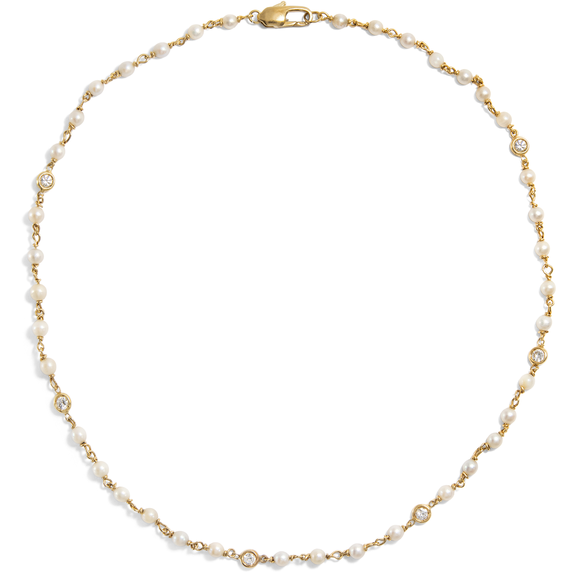 Luxurious Vintage Necklace with Pearls & Diamonds in Yellow Gold, circa 1985