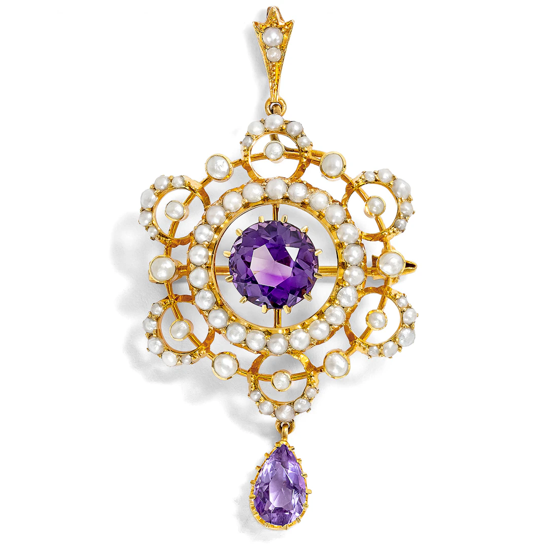 Magnificent pendant brooch with amethyst & pearls in gold, Great Britain