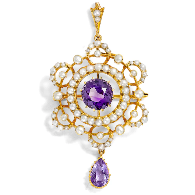 Magnificent pendant brooch with amethyst & pearls in gold, Great Britain