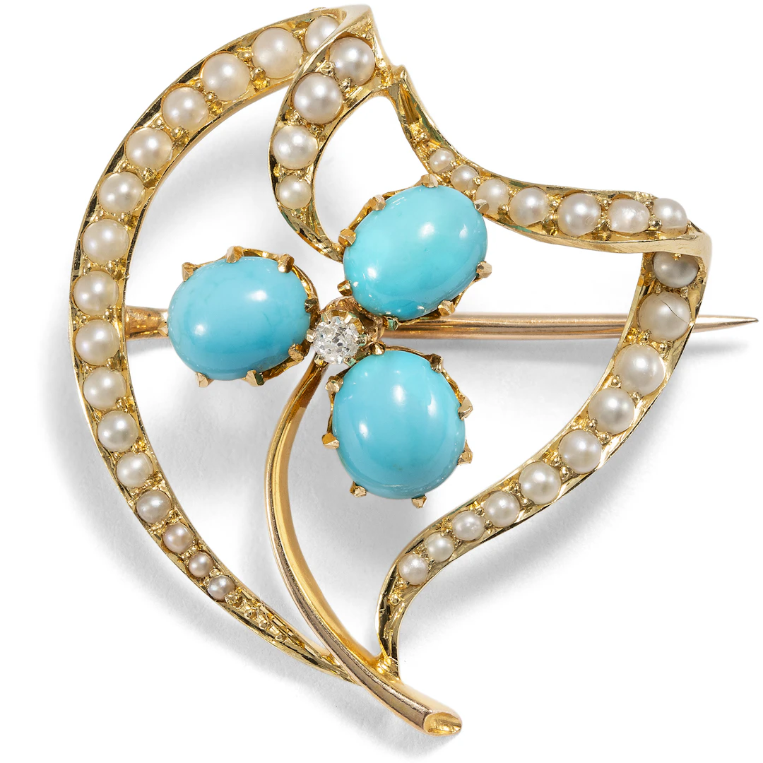 Antique Brooch with Turquoises, Pearls, and a Diamond in Gold, British, c. 1900