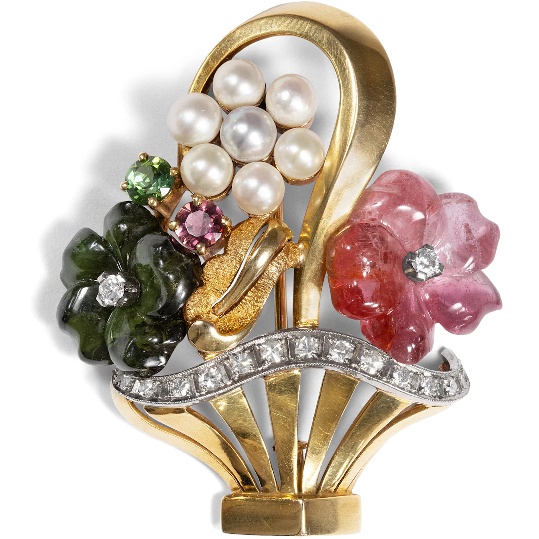 Colorful Vintage Flower Basket Brooch Made of Gold, Tourmalines &