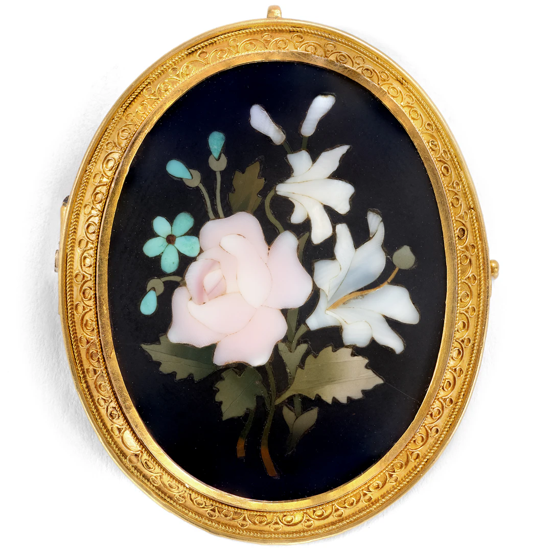 Antique Pietra Dura & Gold Locket Brooch, Florence, c. 1875