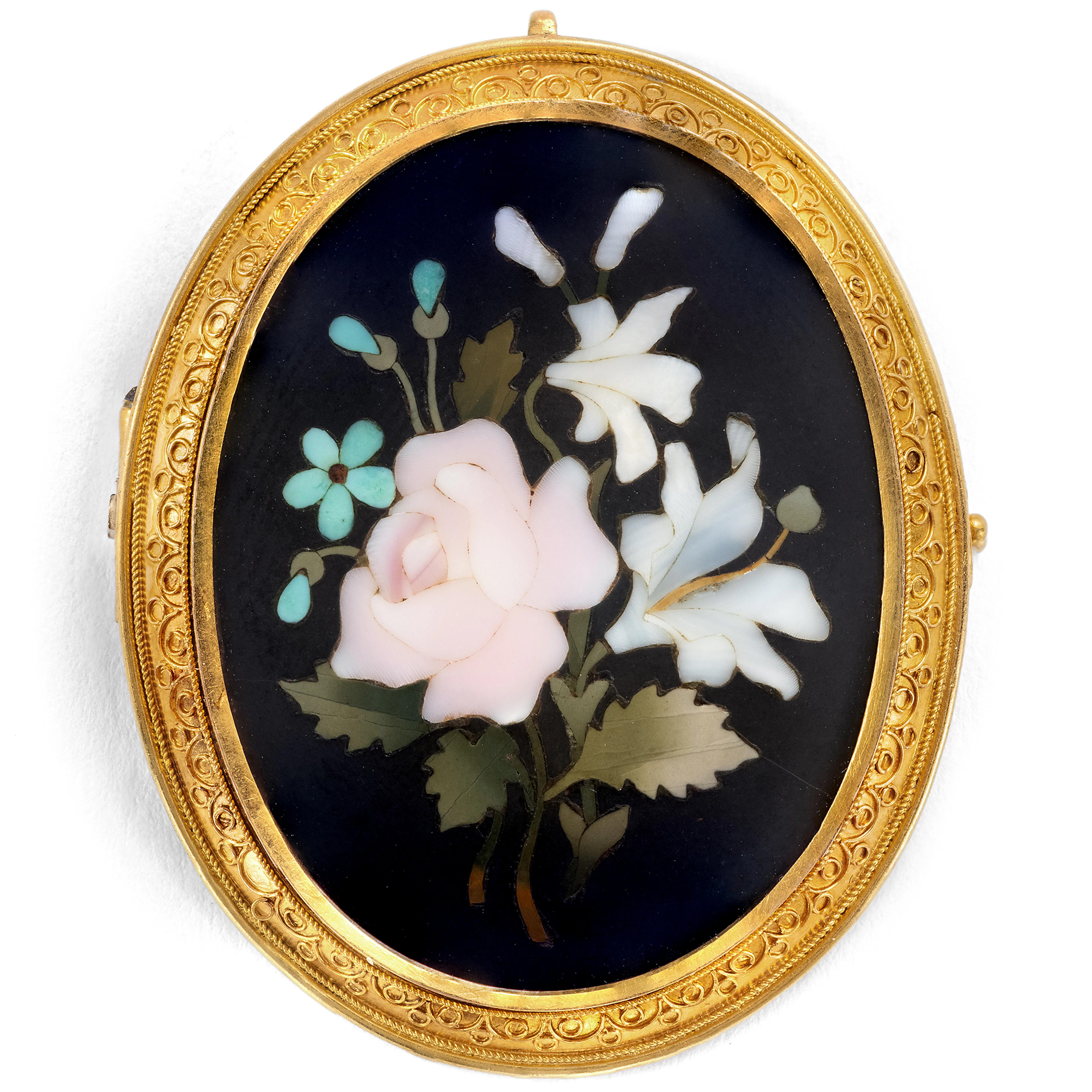 Antique Pietra Dura & Gold Locket Brooch, Florence, c. 1875