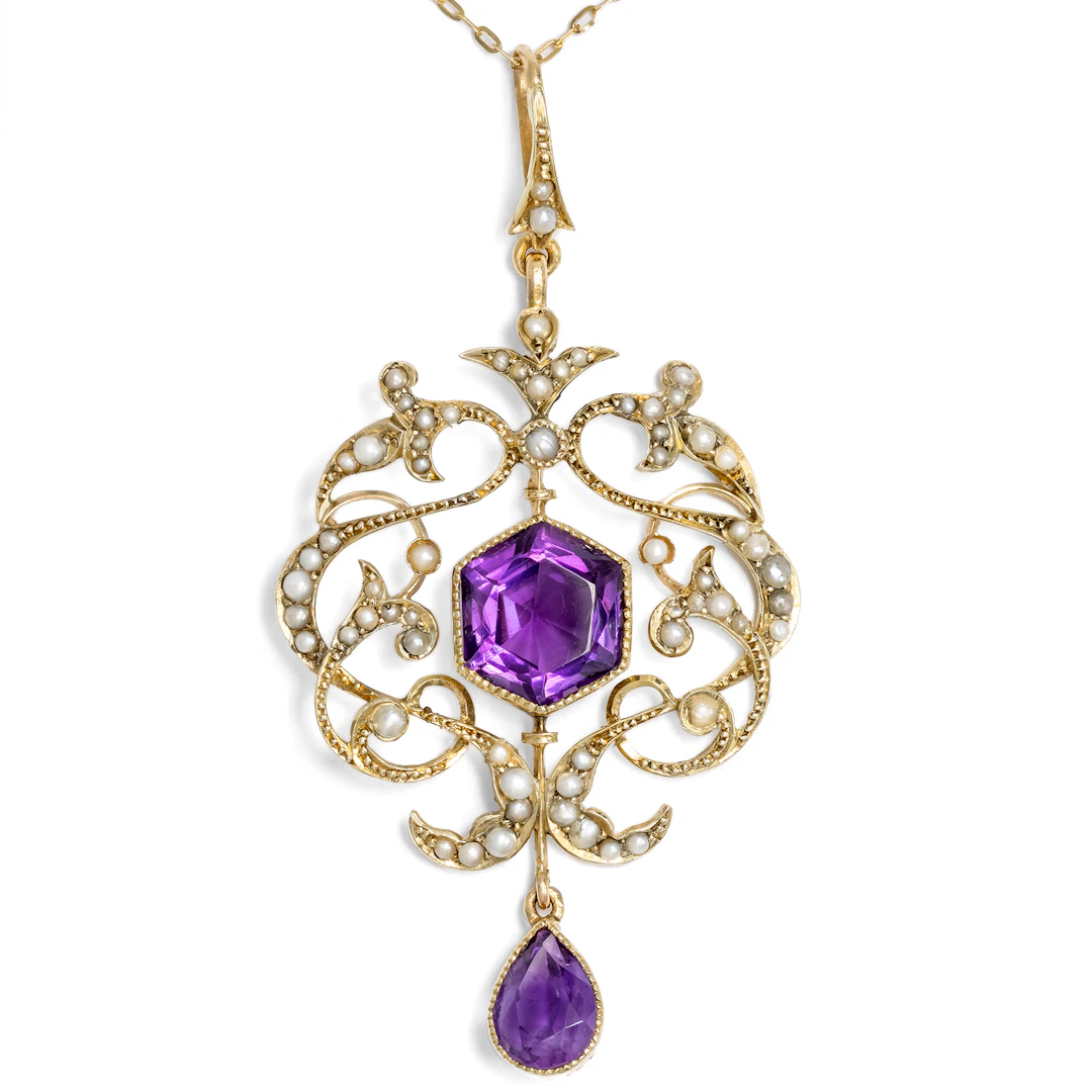 Antique pendant with amethysts & pearls in gold, Great Britain circa 1905
