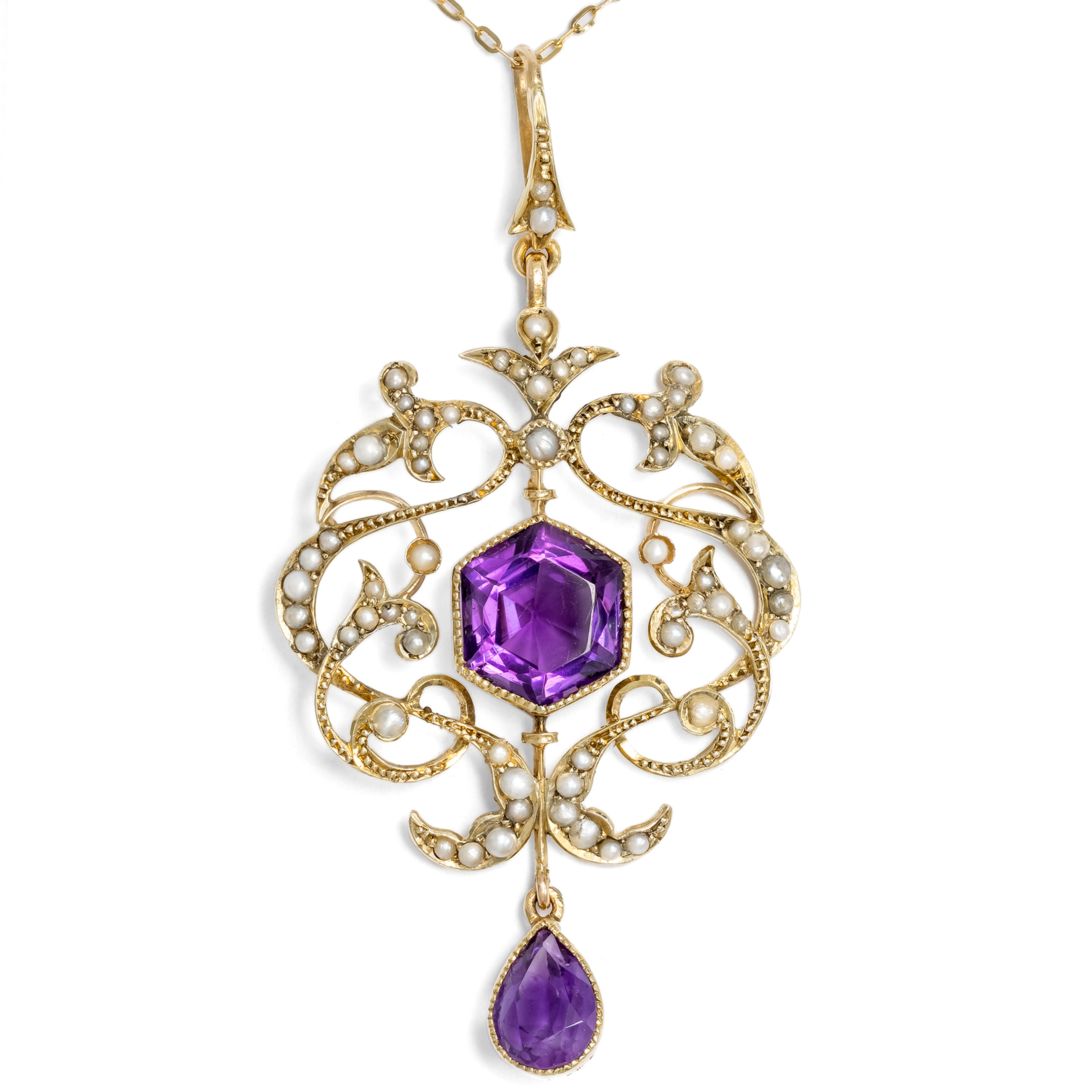 Antique pendant with amethysts & pearls in gold, Great Britain circa 1905