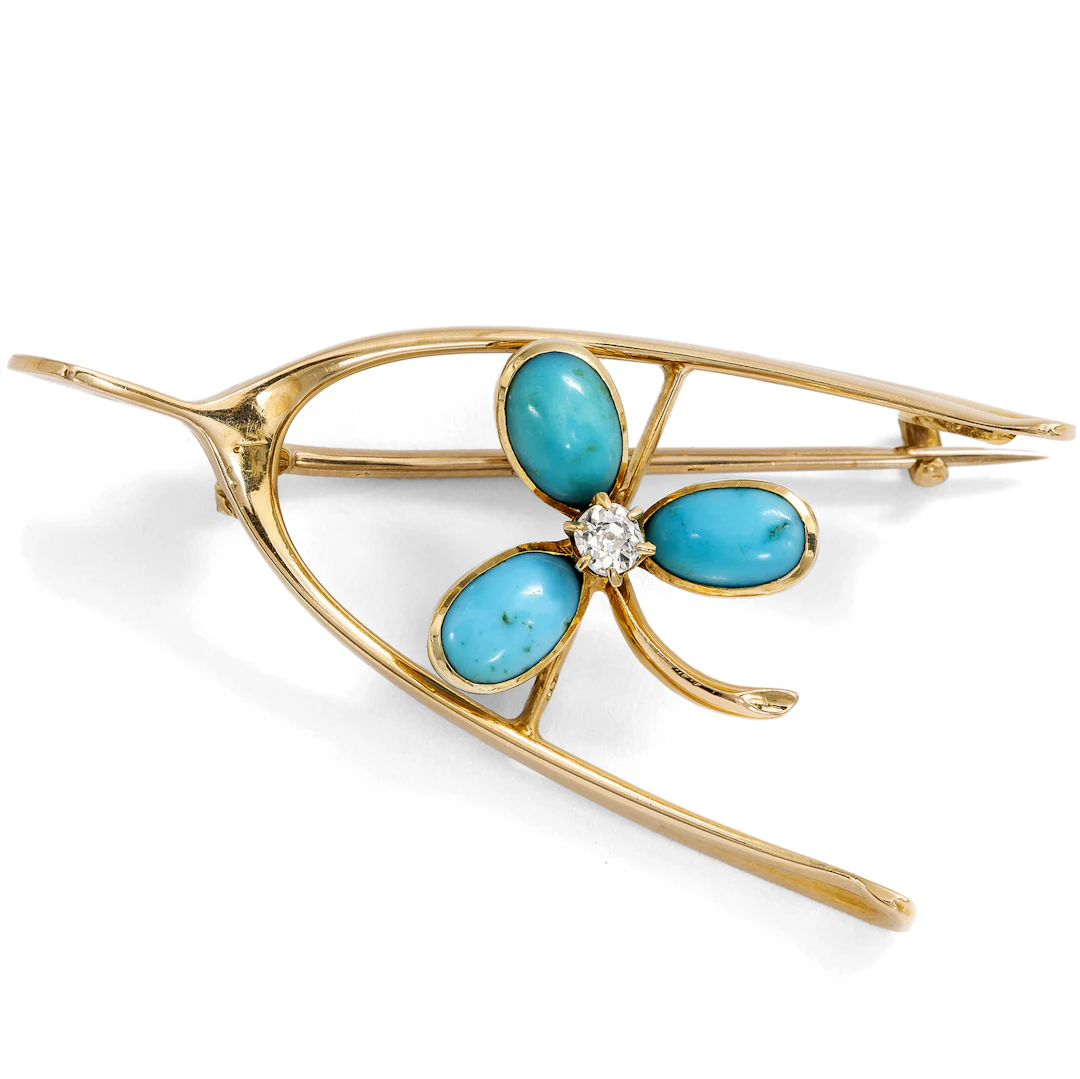 Antique "Wishbone" Gold Brooch with Turquoises, Great Britain c. 1900