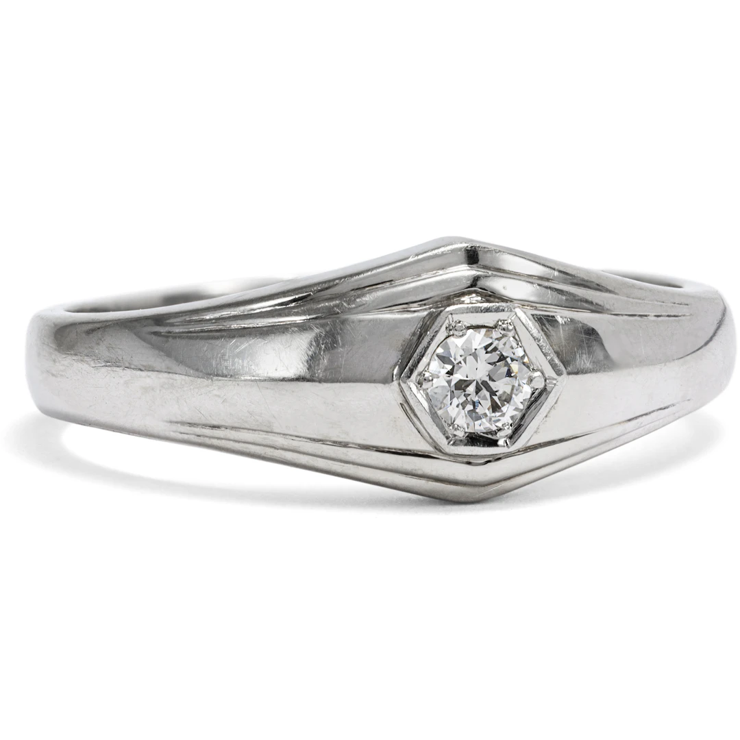 Minimalist Solitaire Ring with a Brilliant-Cut Diamond in White Gold, 1930s
