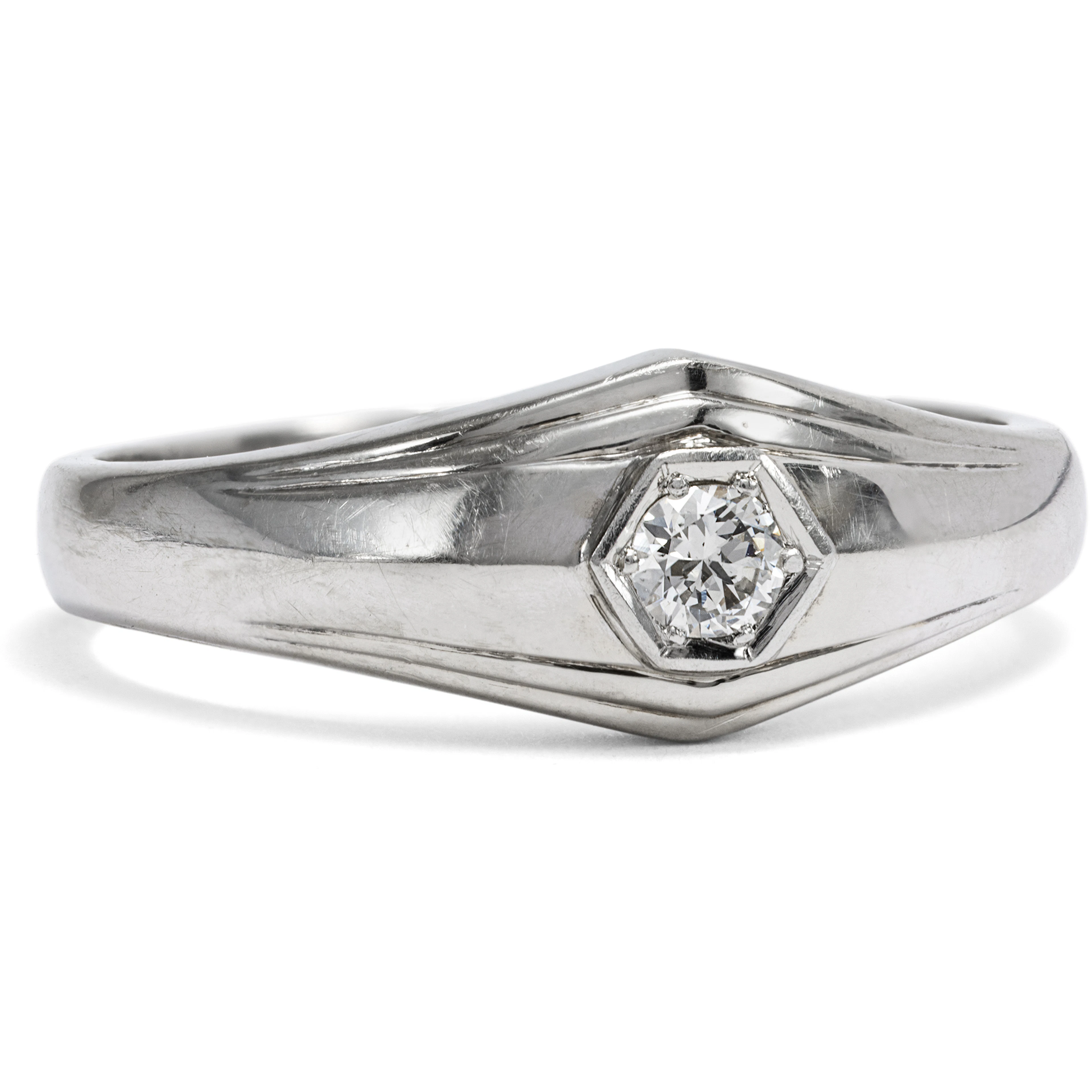 Minimalist Solitaire Ring with a Brilliant-Cut Diamond in White Gold, 1930s