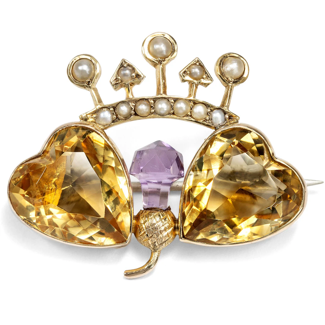Victorian Brooch with Citrines, Amethyst & Pearls in Gold, Birmingham 1896