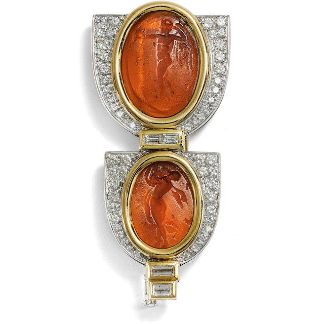 Elegant Clip Brooch with Glass-Cameos & 1.70 ct Diamonds, c. 1985