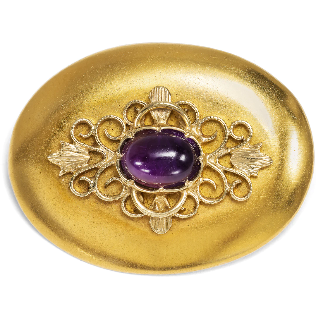 Antique Revival Gold Brooch with Amethyst, c. 1985