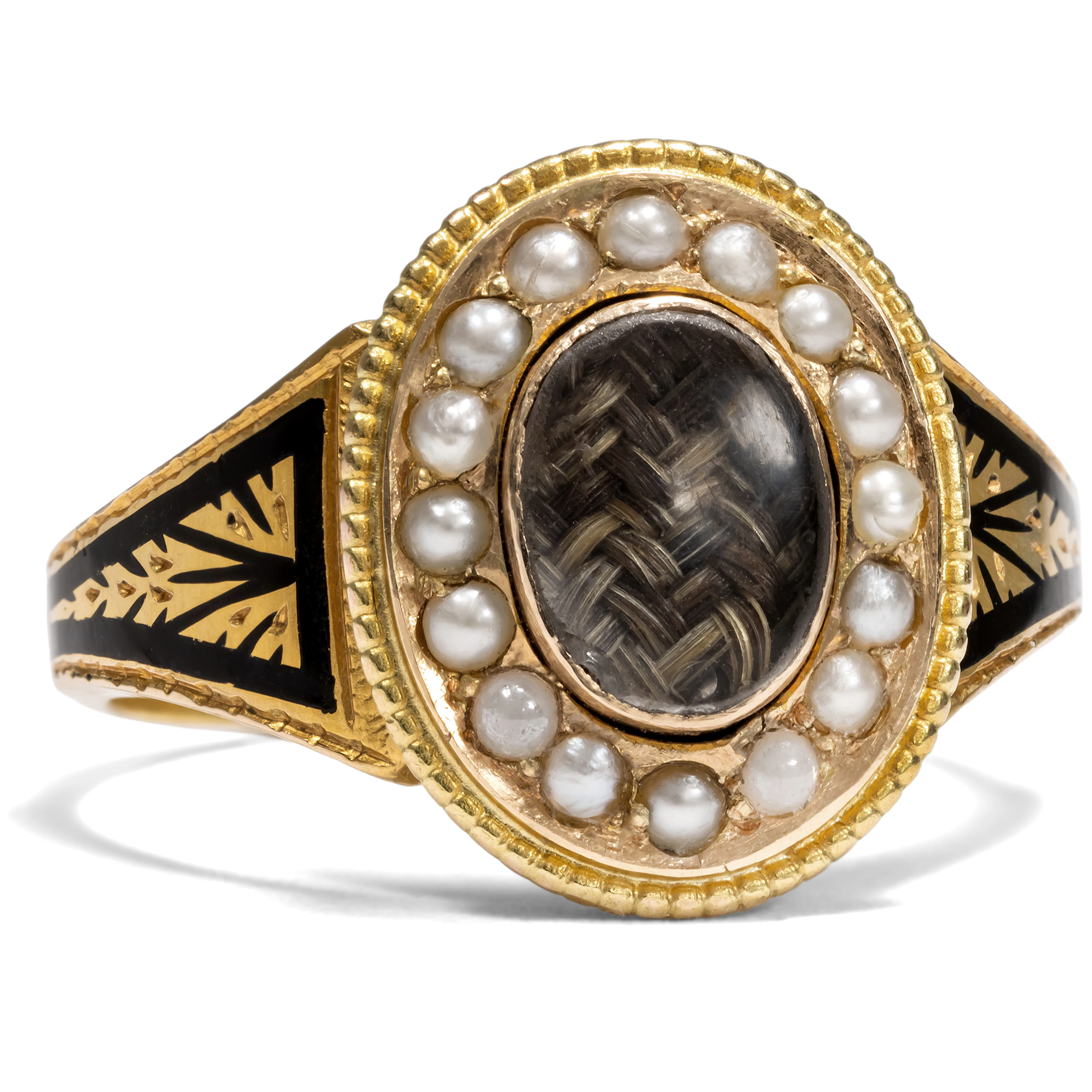 Victorian Mourning Ring with Braided Hair & Pearls in Gold, c. 1889