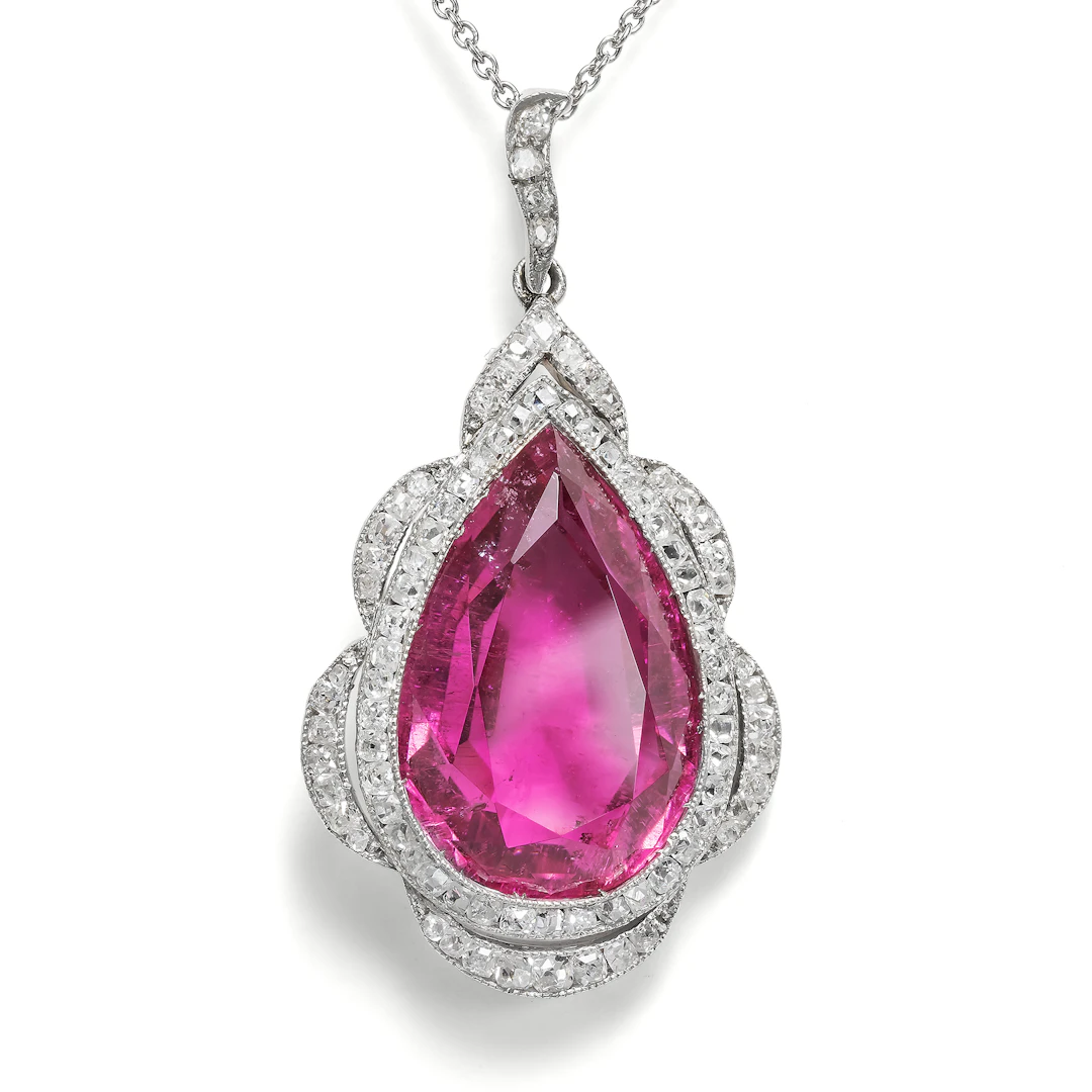 Antique Rubellite and Diamond Pendant in Platinum on Gold, c. 1905