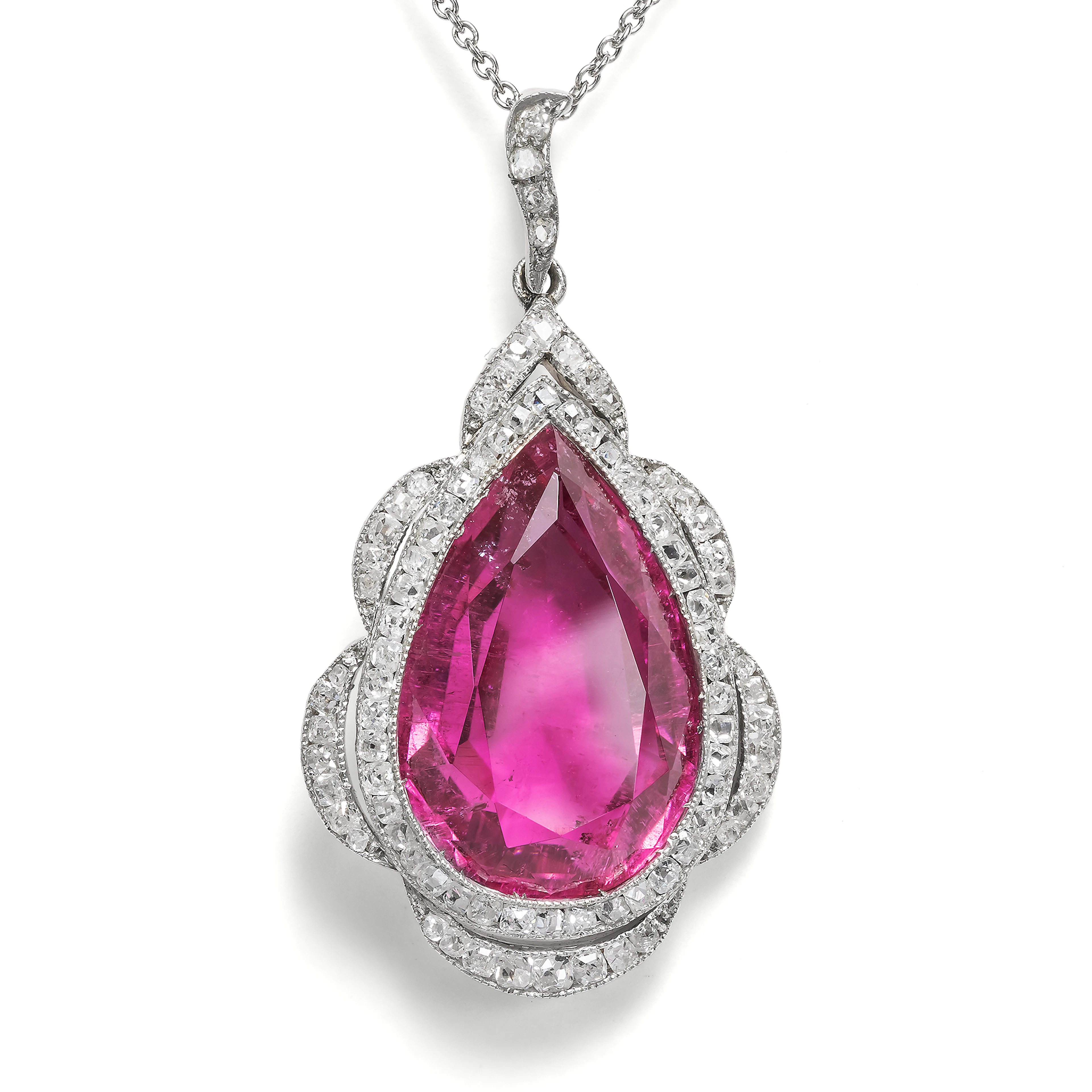Antique Rubellite and Diamond Pendant in Platinum on Gold, c. 1905