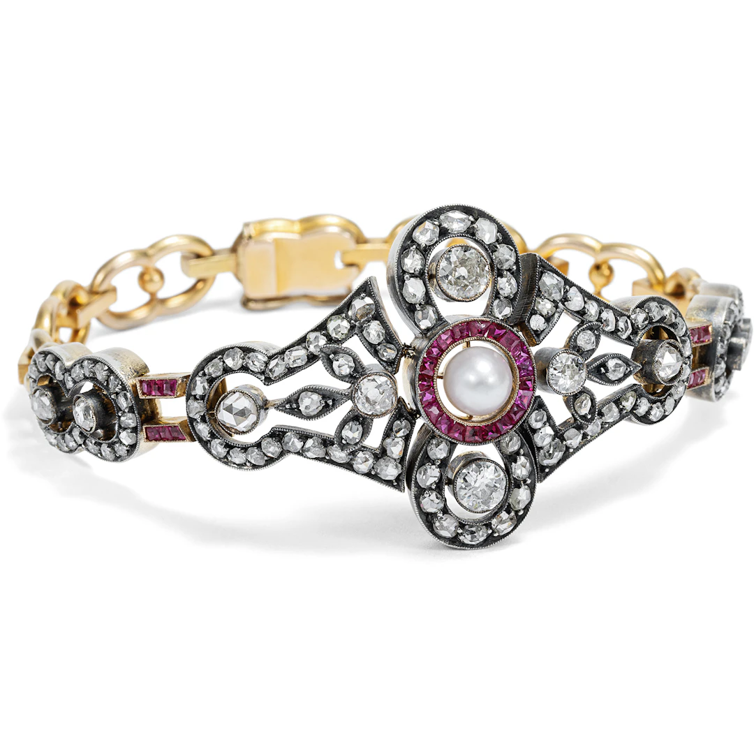 Resplendent Natural Pearl, Diamond and Verneuil Ruby Bracelet, c. 1905