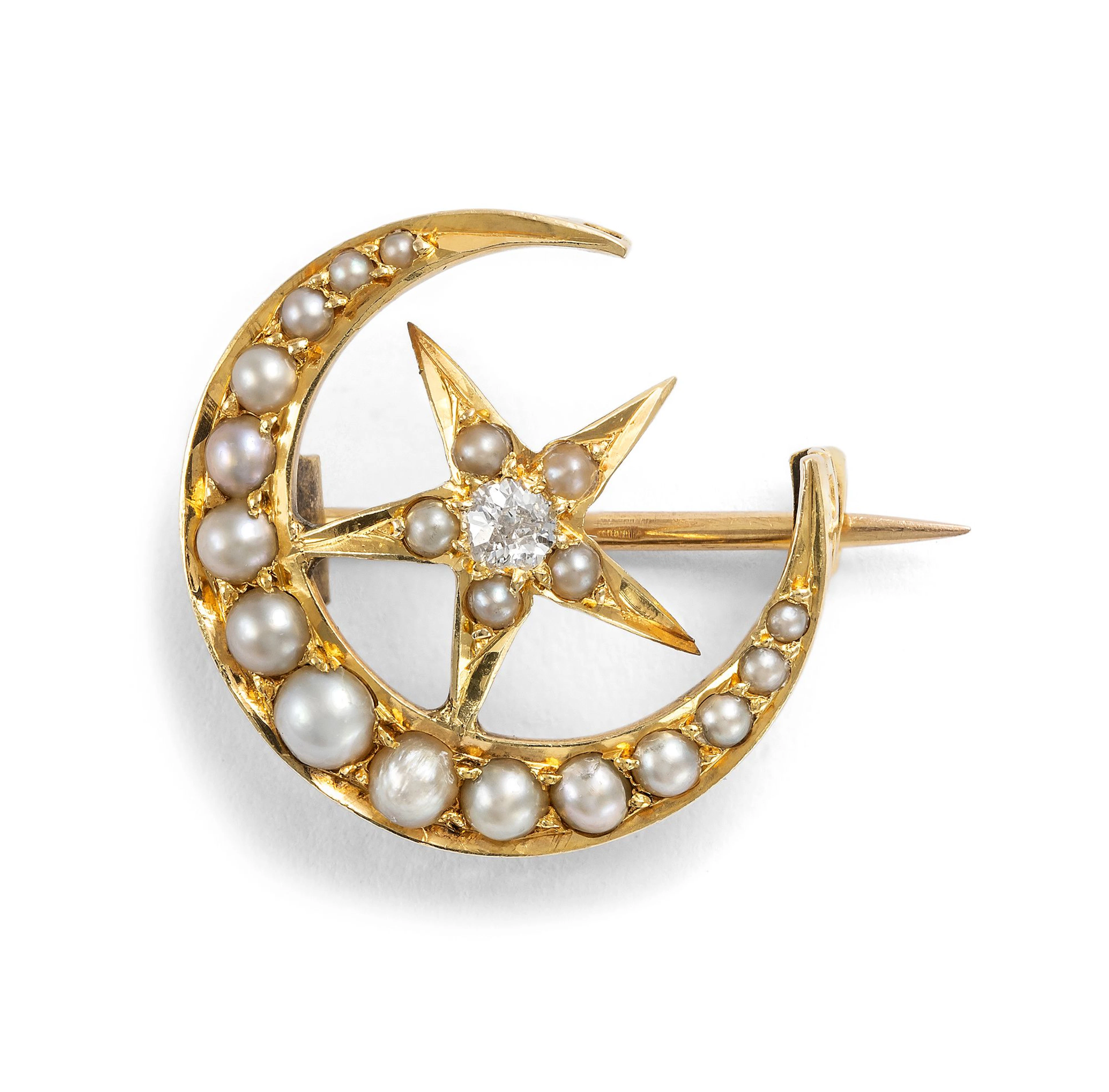 Antique Crescent Moon and Star Brooch with Pearls in Gold, c. 1900